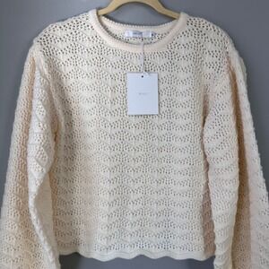 NWT Lantern Sleeve Sweater Women Medium‎ Cream Pointelle Cable Knit Cozy Cottage